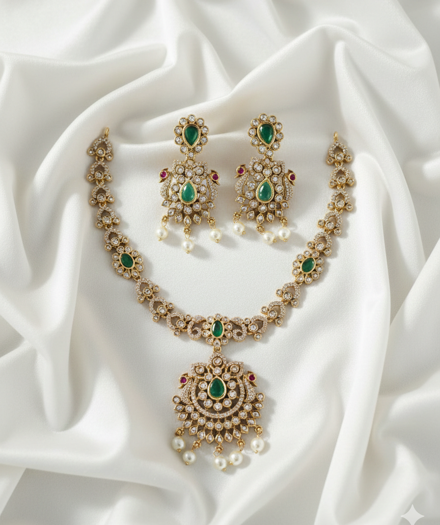 Emerald Peacock Temple Jewelry Necklace Set With Matching Earrings